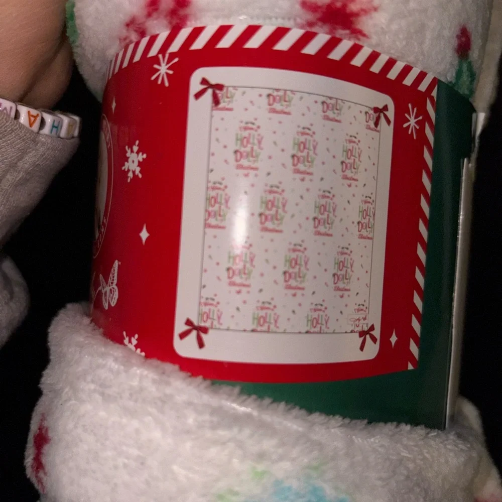 Dolly Parton Fleece Blanket with Red and Green Snowflakes